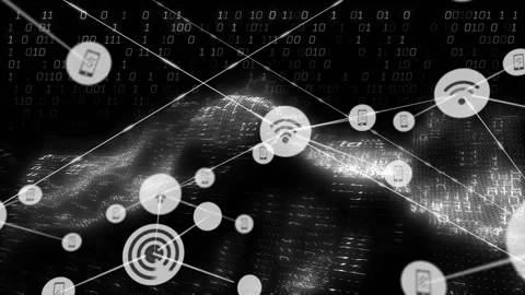 Animation of digital network connections with binary code in abstract landscape Stock Footage 327450693