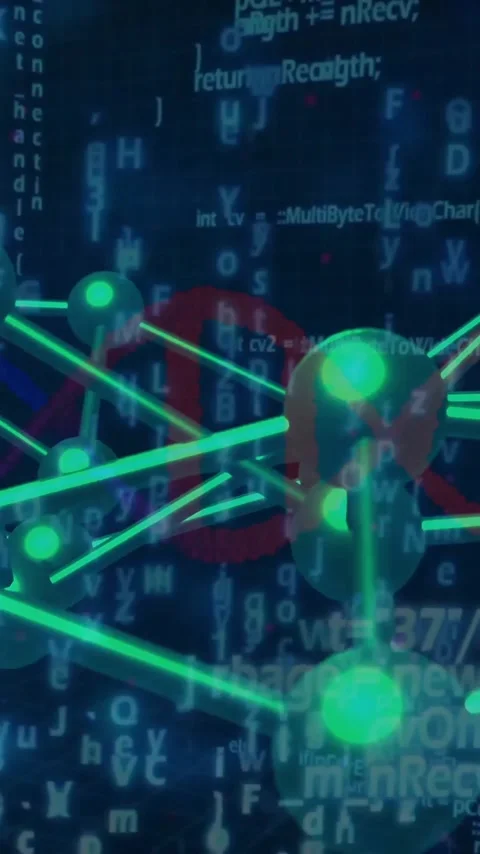 Animation of digital network with green nodes and binary code connections 動画素材 344244636