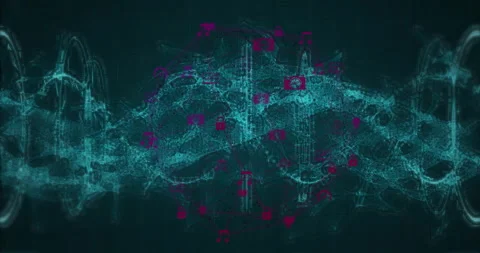 Animation of digital network icons with data processing over blue wave pattern Stock Footage 304773909