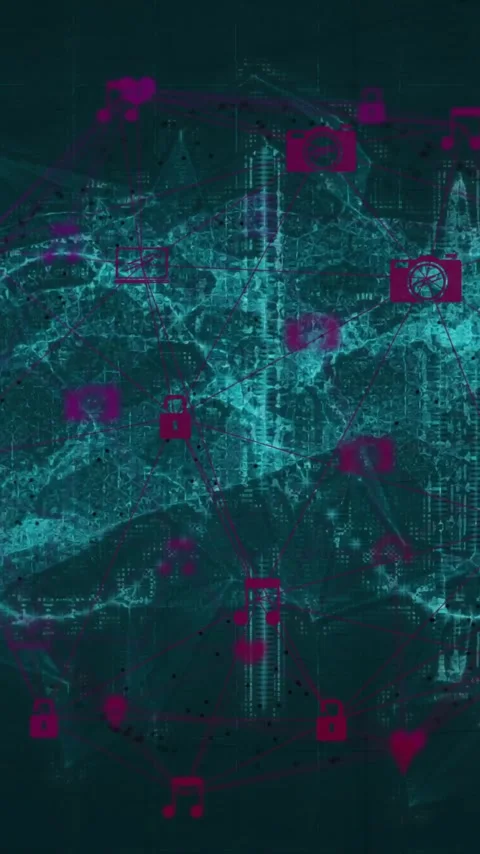 Animation of digital network icons with data processing over blue wave pattern Stock Footage 320288956