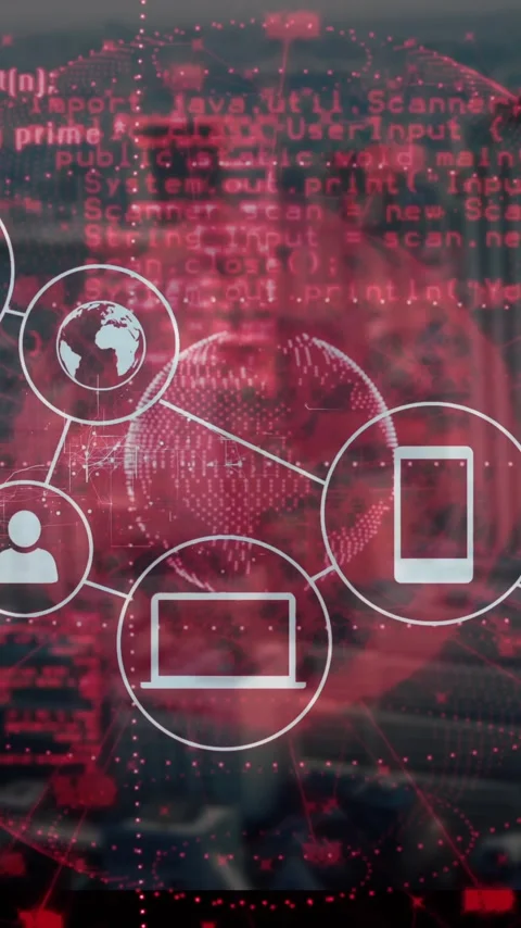 Animation of digital network icons with red coding over cityscape data Stock Footage 319727924