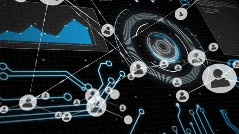 Animation of digital network with user icons and data graphs connecting 動画素材 304160100