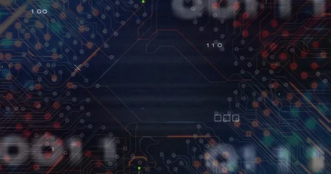 Animation of digital numbers and data processing on circuit board pattern Stock Footage 303431583