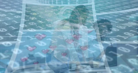 Animation of digital padlock and binary code over diverse coworkers in office Stock Footage 327644110