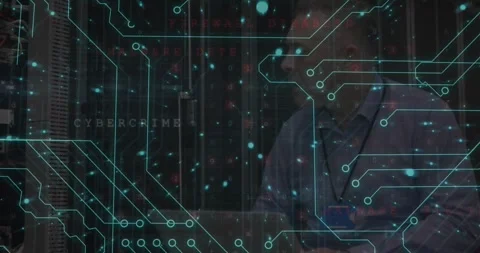 Animation of digital padlock and integrated circuit over caucasian male Stock Footage 329124508