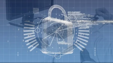 Animation of digital padlock and numbers over man using computer in office Stock Footage 329222549