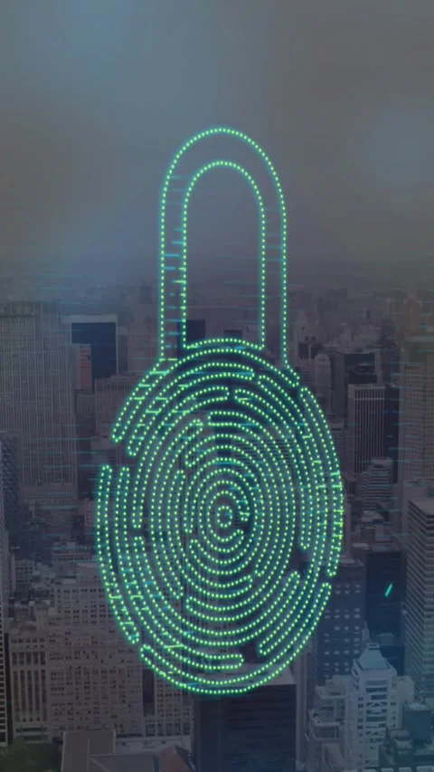 Animation of digital padlock with biometrics pattern over aerial view of Stock Footage 322560730
