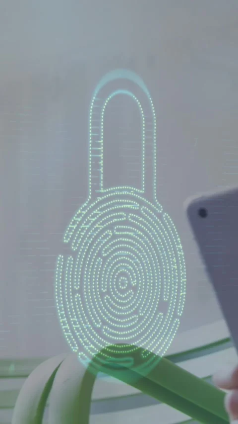 Animation of digital padlock with fingerprint over happy caucasian boy using Stock Footage 344745473