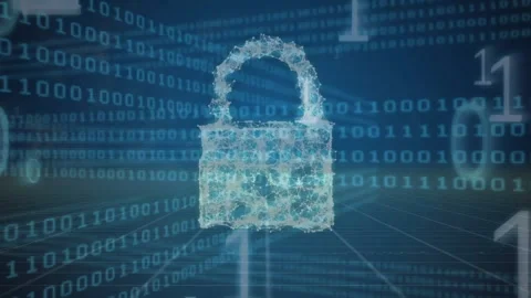 Animation of digital padlock icon and binary coding data processing over grid Stock Footage 265566391