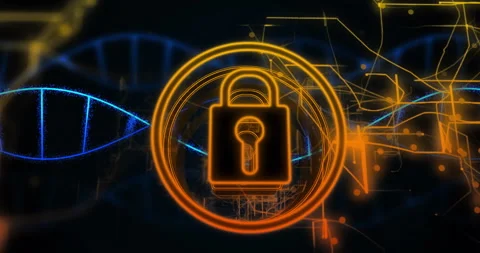 Animation of digital padlock icon, data processing and dna strand on black Vídeos de archivo 308346703