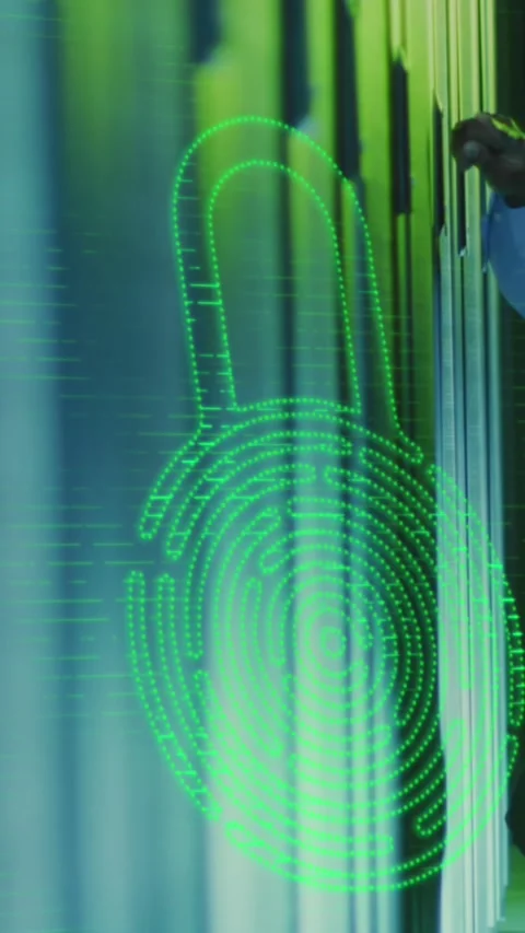 Animation of digital padlock over african american man working in server room Stock Footage 342608106