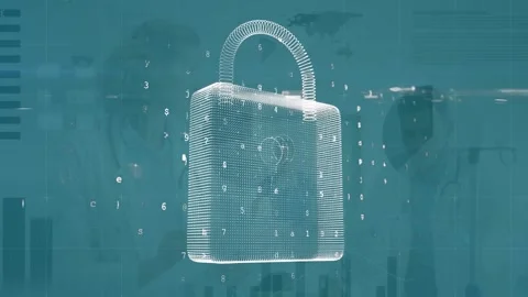 Animation of digital padlock over diverse female and male doctors running Stock Footage 327709611