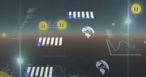 Animation of digital padlocks with globes, programming codes and business graphs 스톡 동영상 329168720