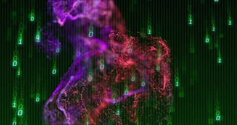 Animation of digital particles and binary code forming dynamic, colorful pattern Stock Footage 303420416