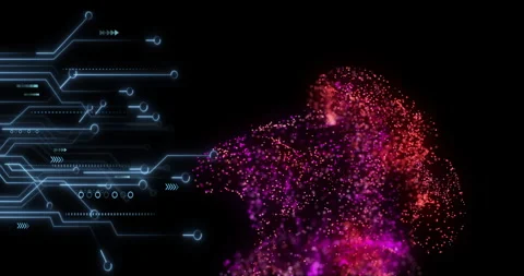 Animation of digital particles forming abstract shape with circuit lines on 스톡 동영상 304863525