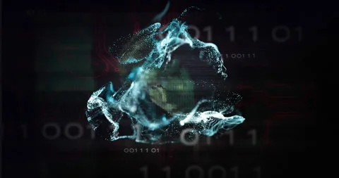 Animation of digital particles forming dynamic shape over binary code background Stock Footage 303420399