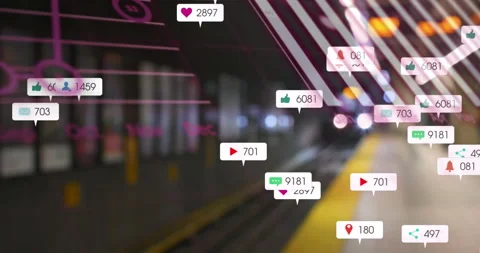 Animation of digital processes and statistics over social media icons and train Stock Footage 315837099