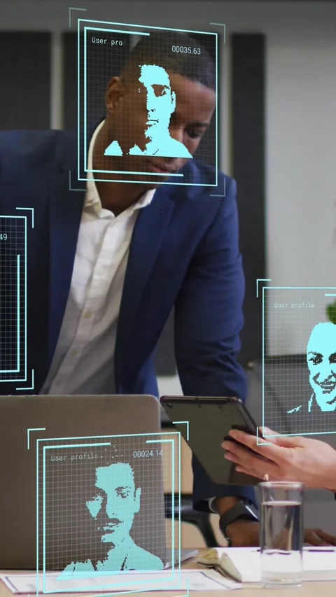 Animation of digital profile pictures over diverse coworkers discussing reports Stock Footage 344746001