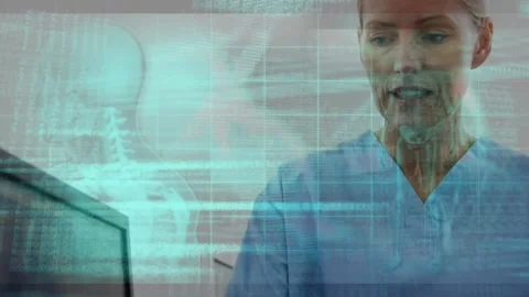 Animation of digital programming data and grid pattern over caucasian doctor Video stock 202117270