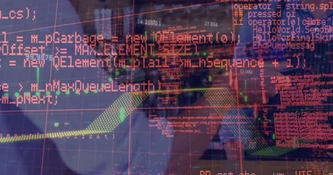Animation of digital programming data, grid pattern and line graph over man Video stock 204709051