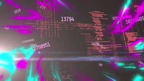 Animation of digital programming language and numbers with abstract patterns Stock Footage 202332356