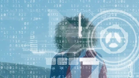 Animation of digital screen and binary code over happy african american woman Stock Footage 327445718