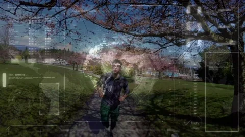 Animation of digital screen and data processing over fit man running Stock Footage 157927188