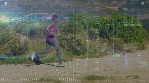 Animation of digital screen and data processing over fit man running Stock Footage 157927247