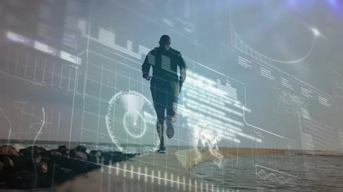 Animation of digital screen and data processing over fit man running by seaside Stock Footage 157927317