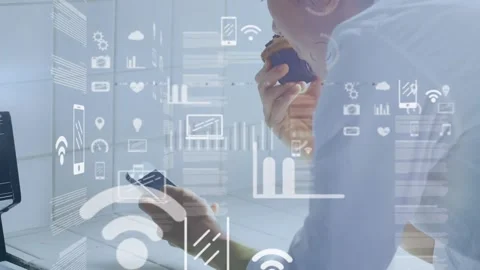 Animation of digital screen with data over caucasian woman with cupcake and Stock-Footage 328014359