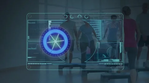 Animation of digital screen with data over diverse people exercising step at gym Stock Footage 329857787