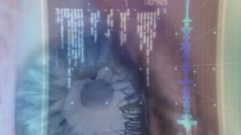 Animation of digital screen with data processing over eye of caucasian woman 스톡 동영상 313394331