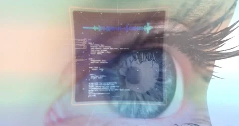 Animation of digital screen with data processing over eye of caucasian woman 스톡 동영상 327641393