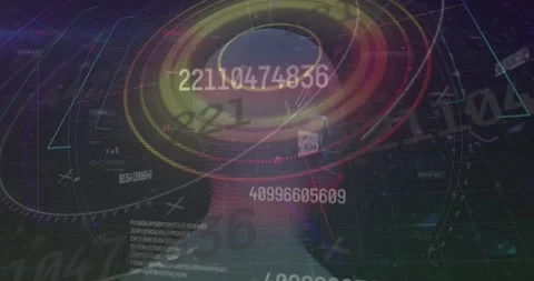 Animation of digital screen with data processing, numbers, glitch and human head Stock Footage 329364664