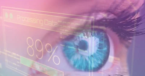 Animation of digital screen with data processing over eye of caucasian woman 스톡 동영상 330593437