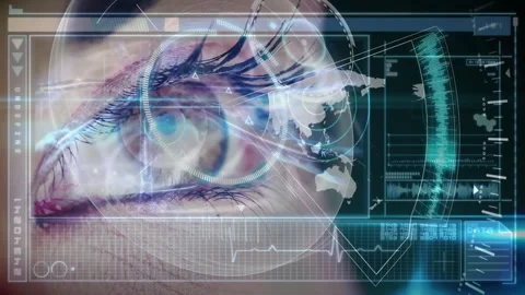 Animation of digital screen with data, world map and caucasian woman eye 스톡 동영상 326630429