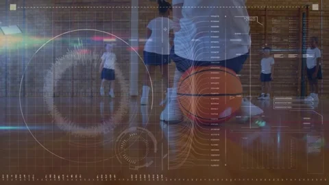 Animation of digital screen with diverse data over diverse teenage basketball Stock Footage 329367958