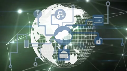 Animation of digital screen with globe, connections and tech icons Stock Footage 327784124