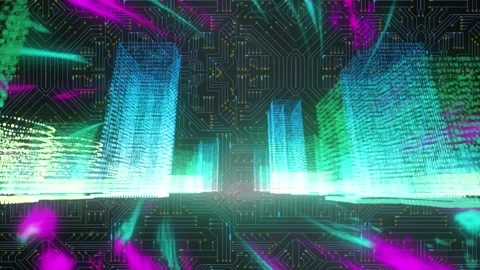 Animation of digital screen with metaverse city, lights and integrated circuit Stock Footage 329692297
