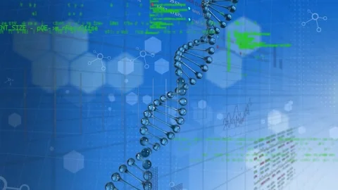 Animation of digital screen with scientific data, dna and hexagons Stock Footage 328004851