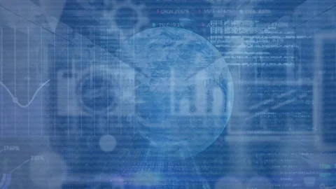 Animation of digital screen with tech icons, globe, data processing and graphs Stock Footage 329030789