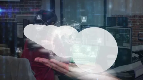 Animation of digital screen with white shape over hand and female programmer Stock Footage 329695491