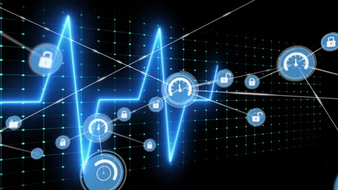 Animation of digital security icons and network connections with blue heartbeat Stock Footage 304765541