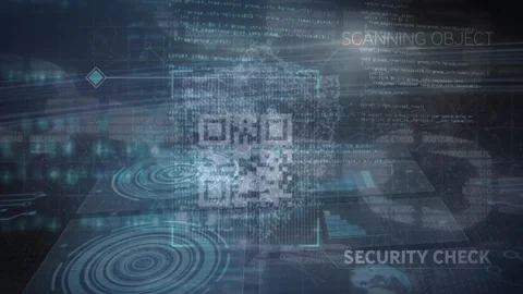 Animation of digital shield and qr code over data processing on blue background Stock Footage 328933457