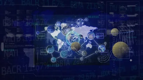 Animation of digital shield over blue background with rotating circles numbers Video stock 329222849