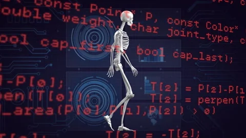 Animation of digital skeleton model with red coding text on futuristic interface Stock Footage 304806991