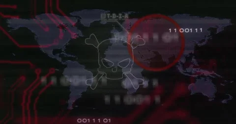 Animation of digital skull and binary code overlaying world map with red region Stock Footage 303431662