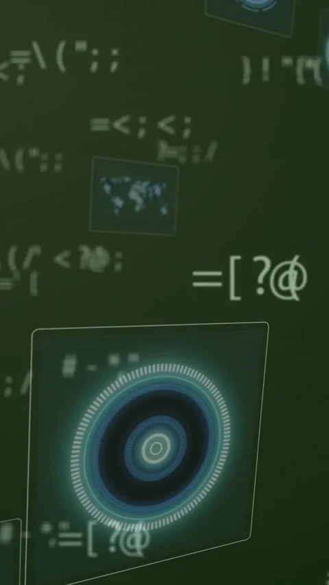 Animation of digital symbols and abstract patterns floating over green backdrop Stock Footage 319811729