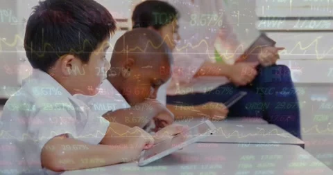 Animation of digital trading board over multiracial students using digital Stock Footage 329560099