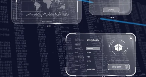 Animation of digital transaction interface processing data over financial code Stock Footage 303554227